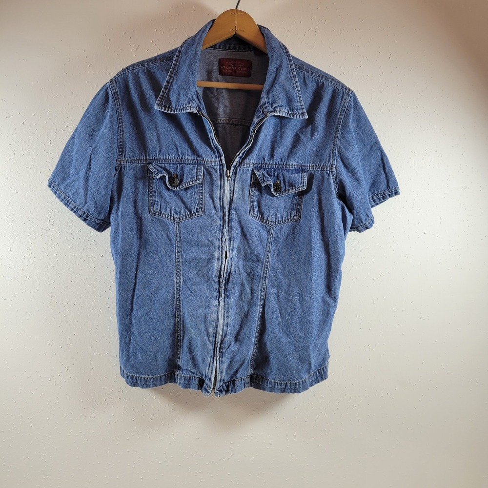 VTG At Last Blues Denim Zip Up‎ Shirt Women 14/16 Excellent Short Sleeve Cotton